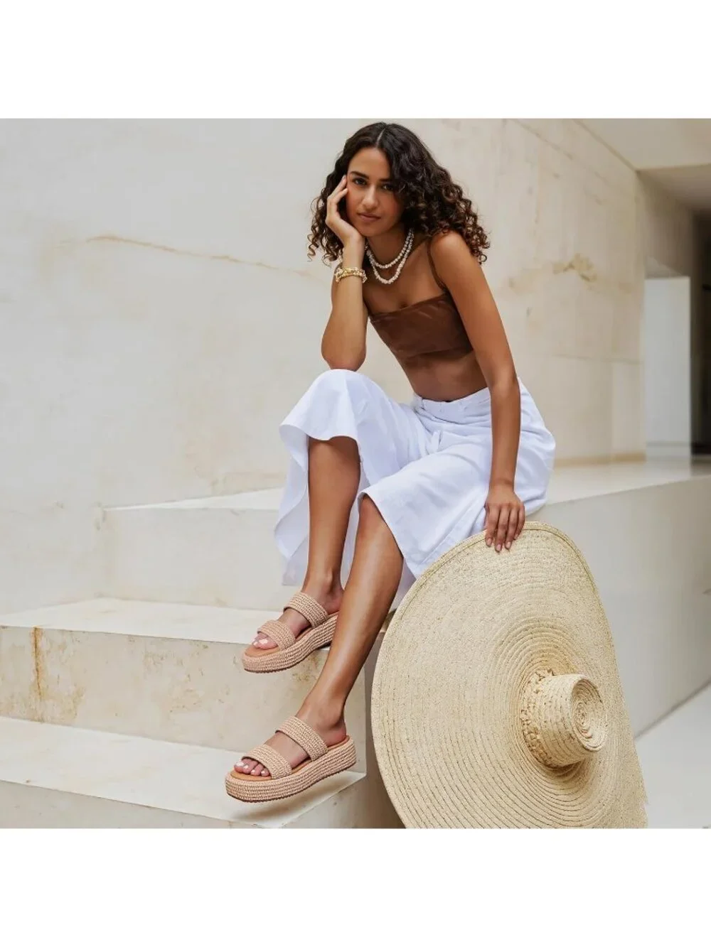 Women's Coffee Leather Woven Wedges Beach Slip On Comfortable Casual Platform